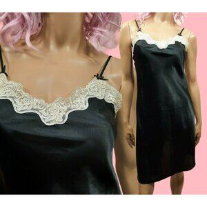 Y2K Black Satin Slip Dress Lace Trim Size S Lingerie Goth Grunge